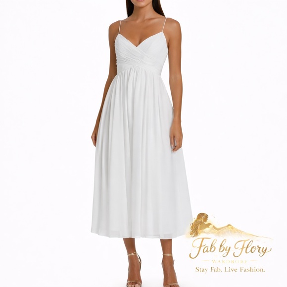 Ieena for Mac Duggal Dresses & Skirts - Ieena for Mac Duggal White Faux Wrap Sleeveless Flowy Midi Dress